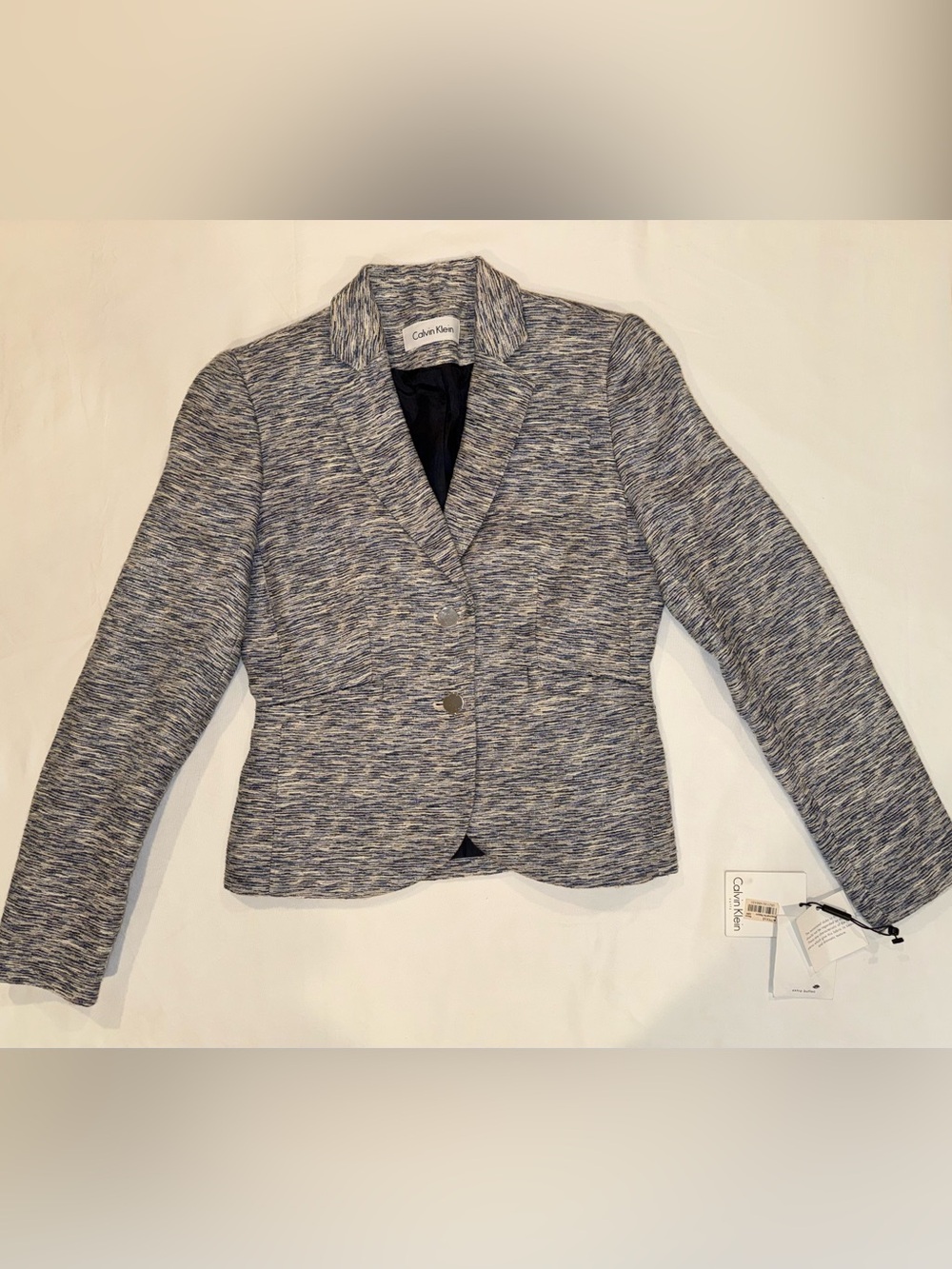 NWT Calvin Klein Blue Tweed Suit Blazer Jacket Size 2 Business Casual Two-Button